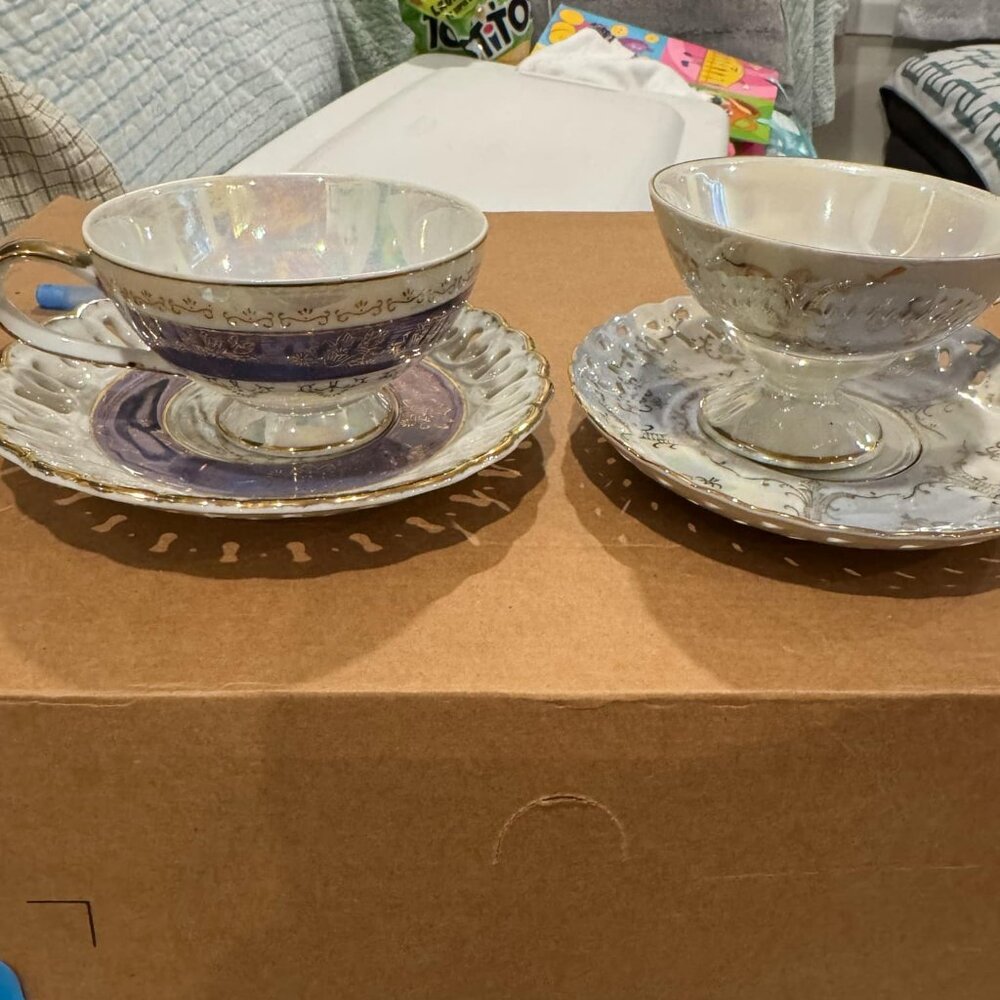 Set of 2 Vintage Iridescent Teacups and Saucers with Gold Details